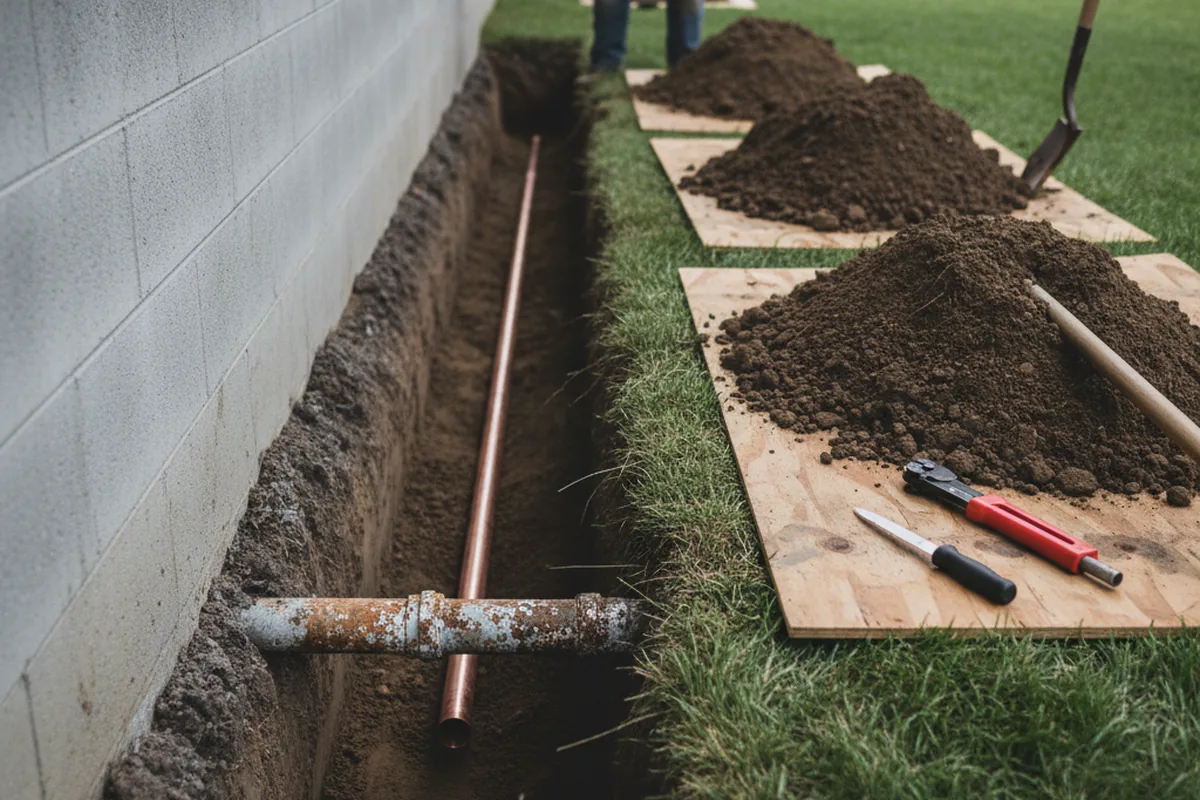 Excavated water line trench during Sewer Line Repair in Manchester